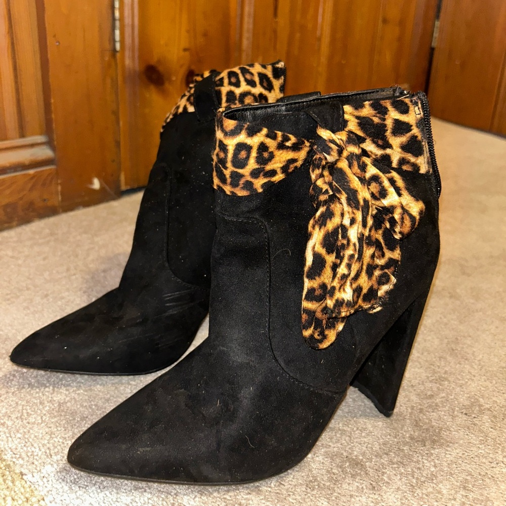 Black booties with cheetah bow. Barely worn. Size 8.5